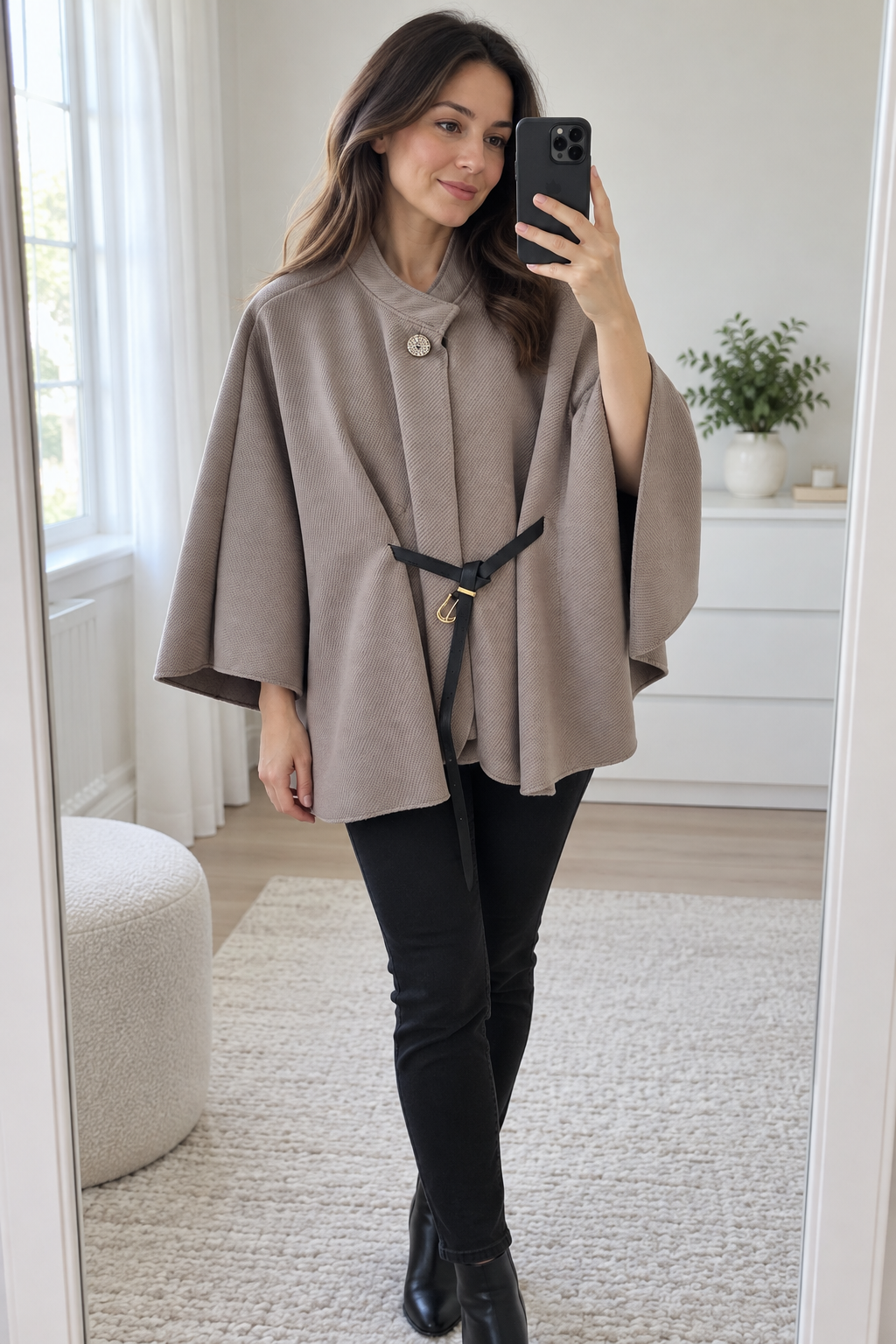 Taupe grey Belted Cape Style Layer view 3