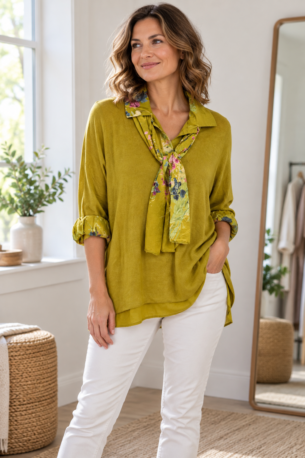 Mustard / chartreuse Floral Scarf Detail Top view 2