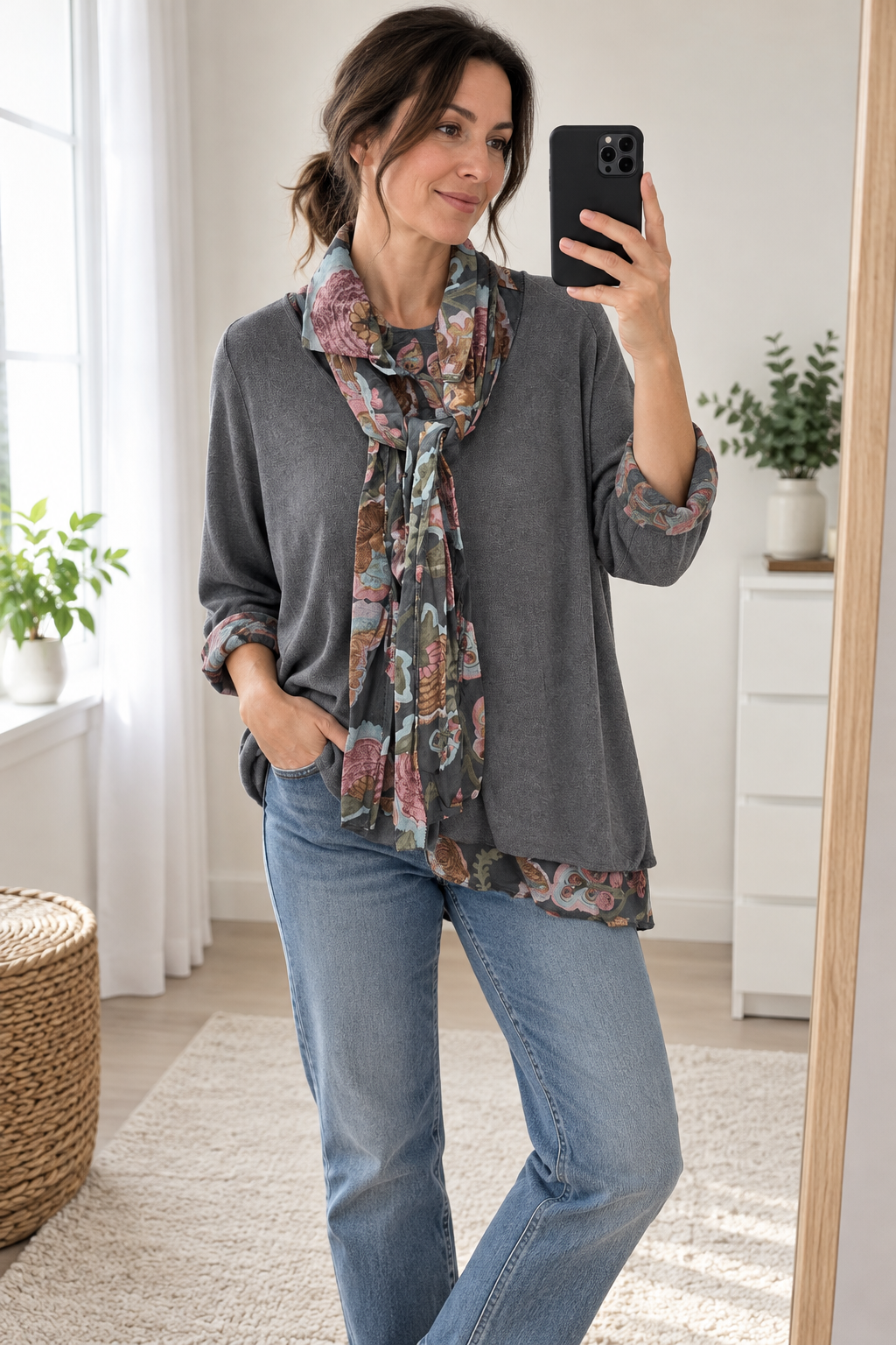 Grey Floral Scarf Detail Top view 3