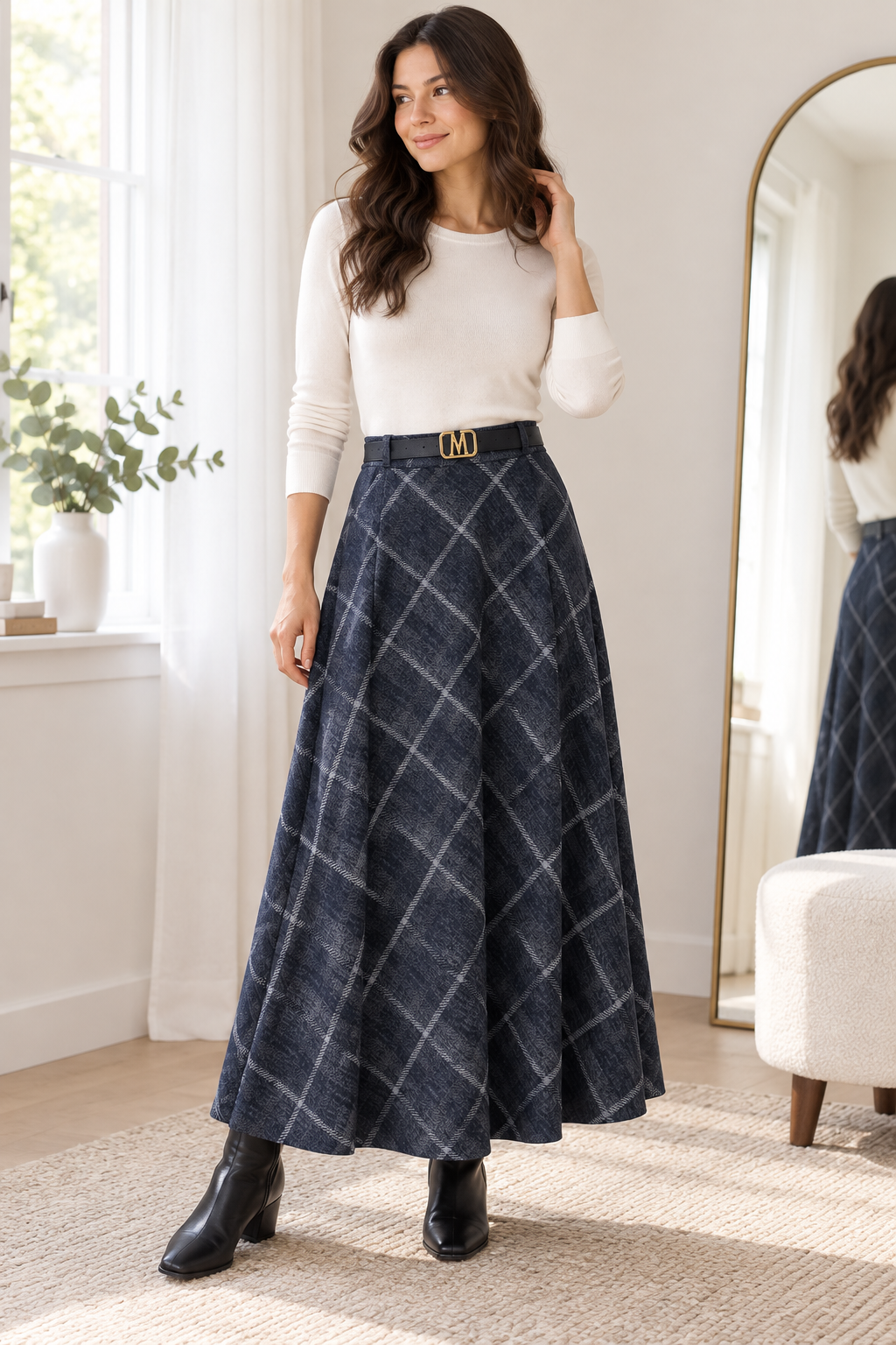 Blue-charcoal — review Windowpane Check Skirt view 2
