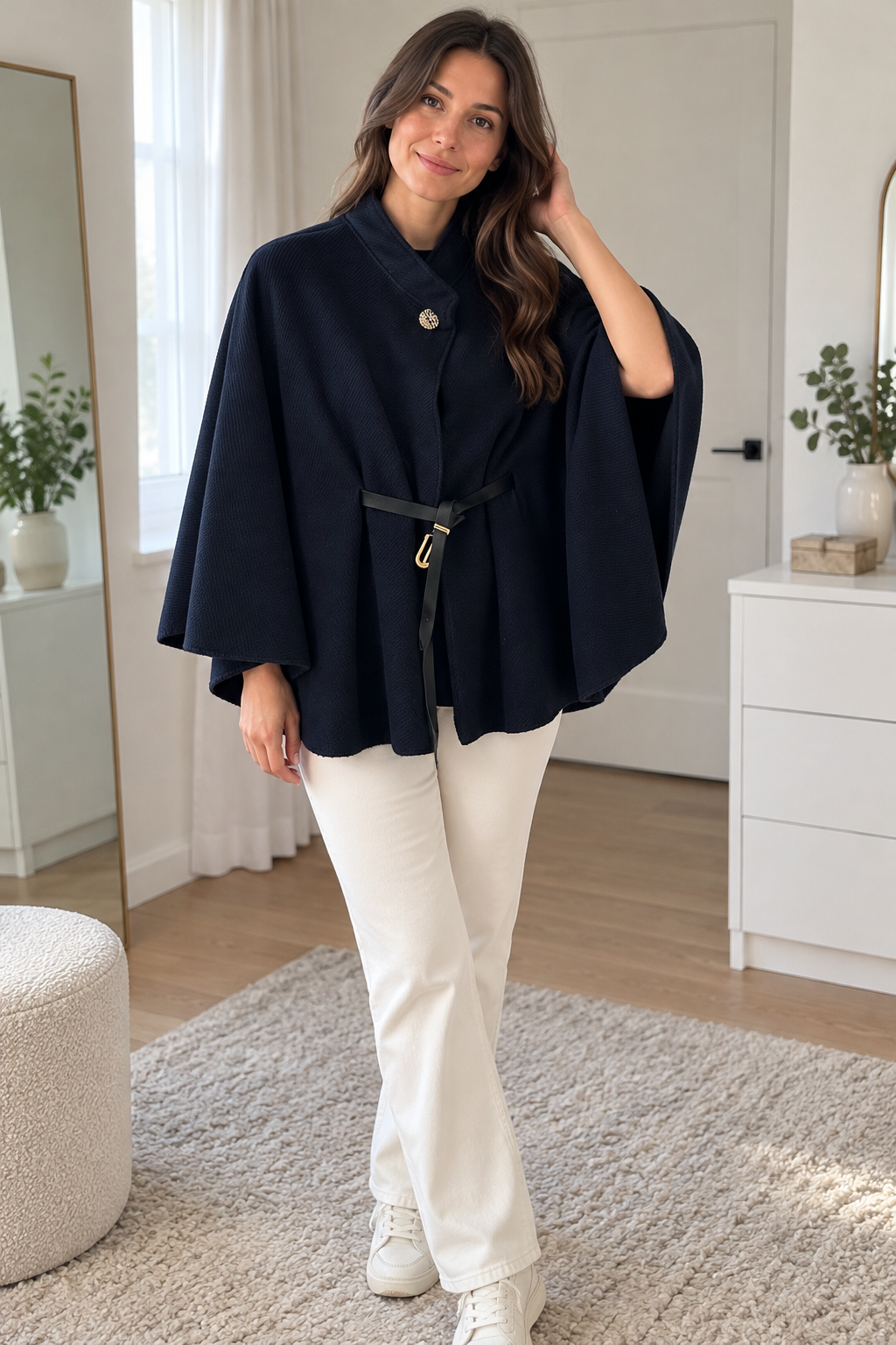 Navy Belted Cape Style Layer view 3