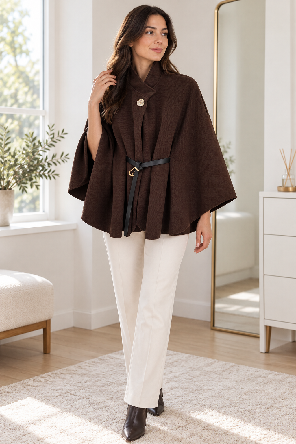 Chocolate brown Belted Cape Style Layer view 2