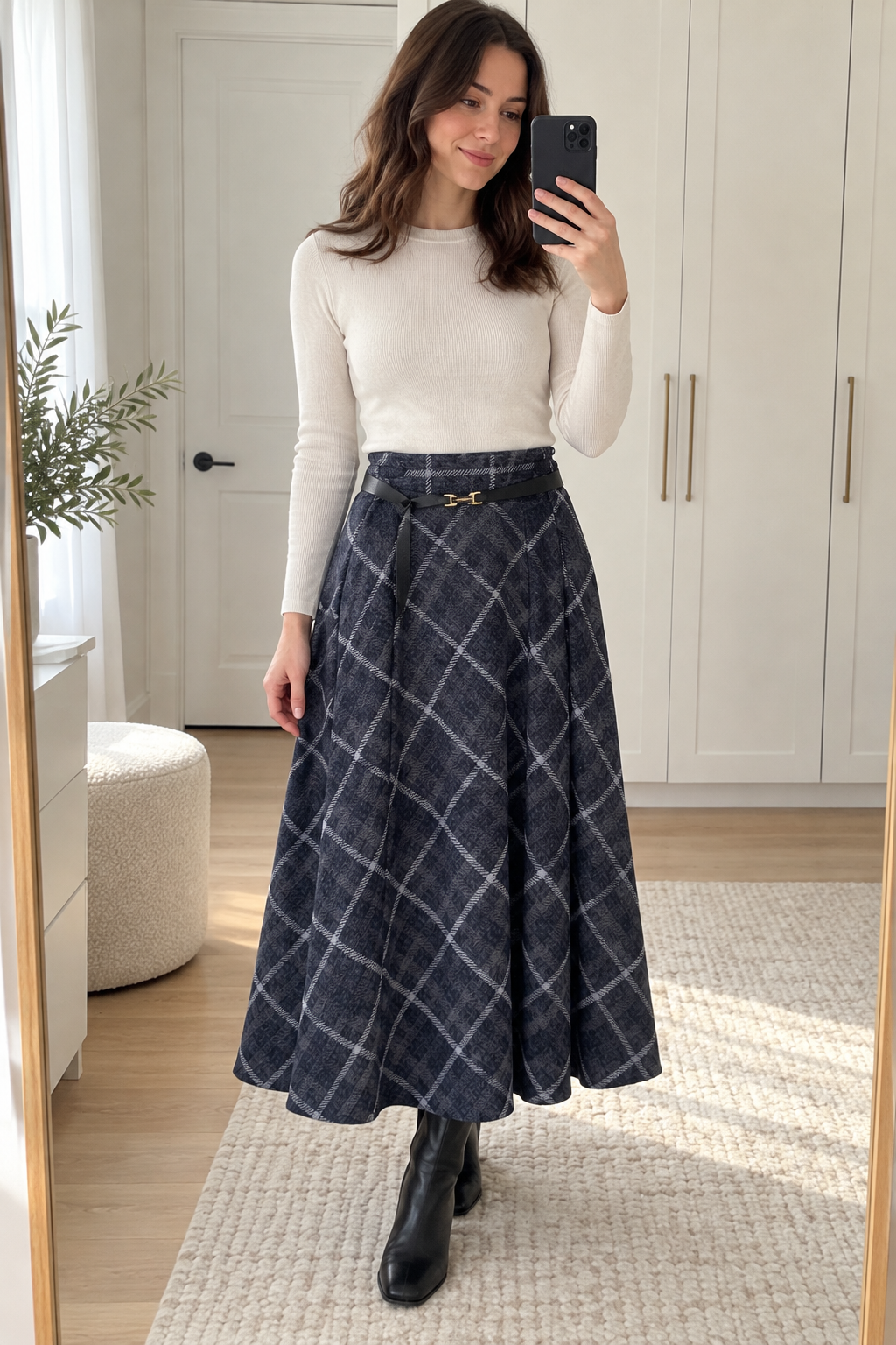 Dark navy / charcoal Windowpane Check Skirt view 3