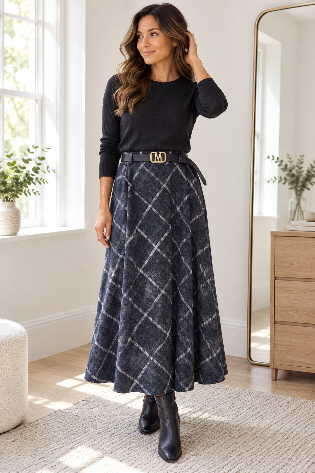 Dark navy / charcoal Windowpane Check Skirt view 2
