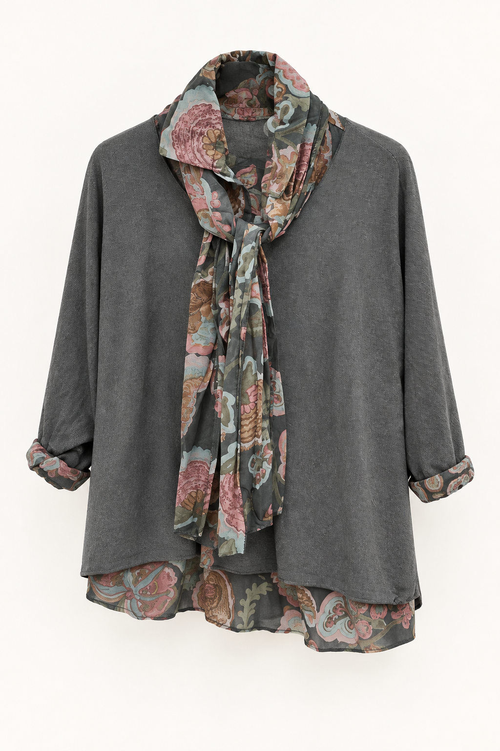 Grey Floral Scarf Detail Top