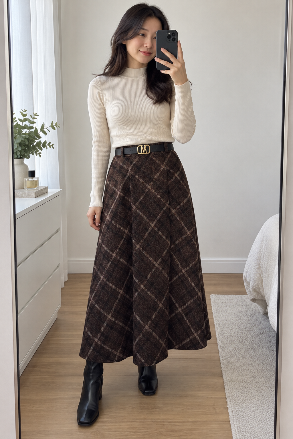 Dark brown Windowpane Check Skirt view 5