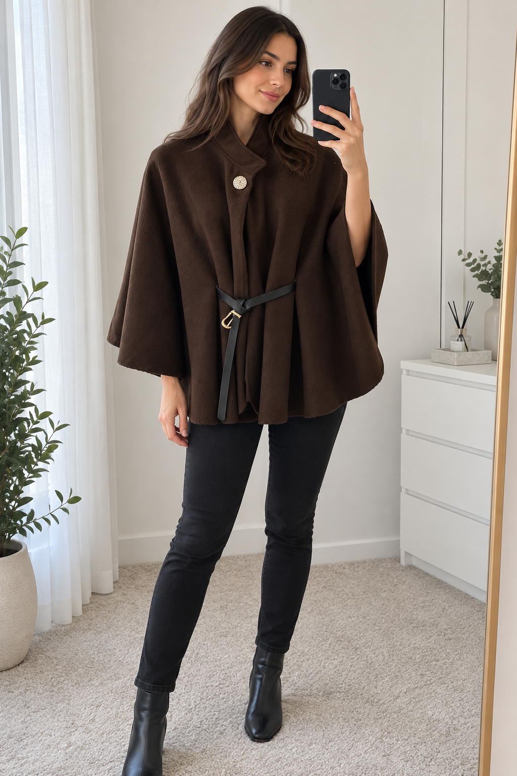 Chocolate brown Belted Cape Style Layer view 3