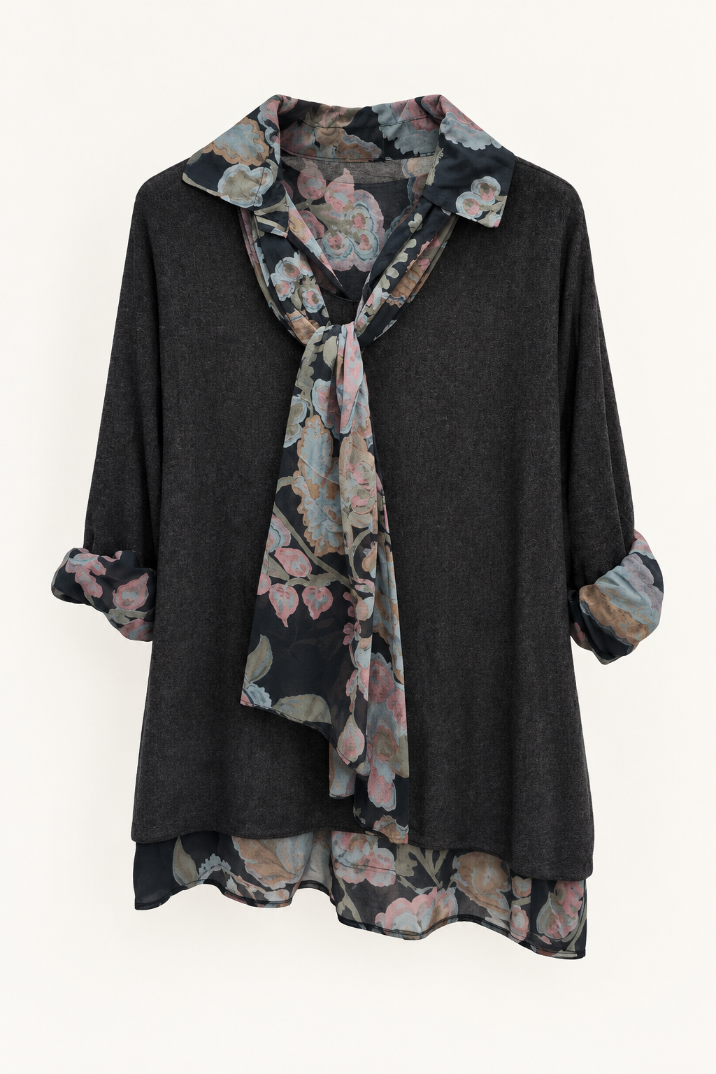 Black Floral Scarf Detail Top