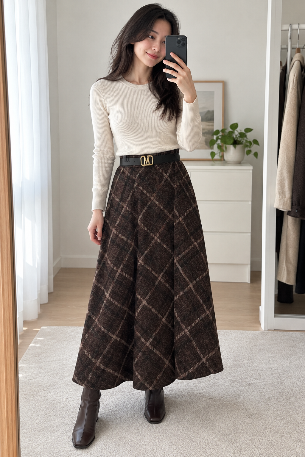 Dark brown Windowpane Check Skirt view 6