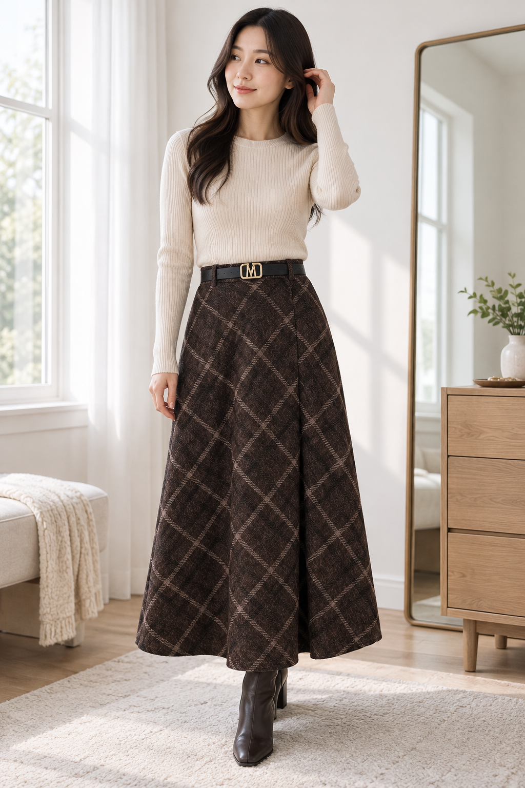 Dark brown Windowpane Check Skirt view 3