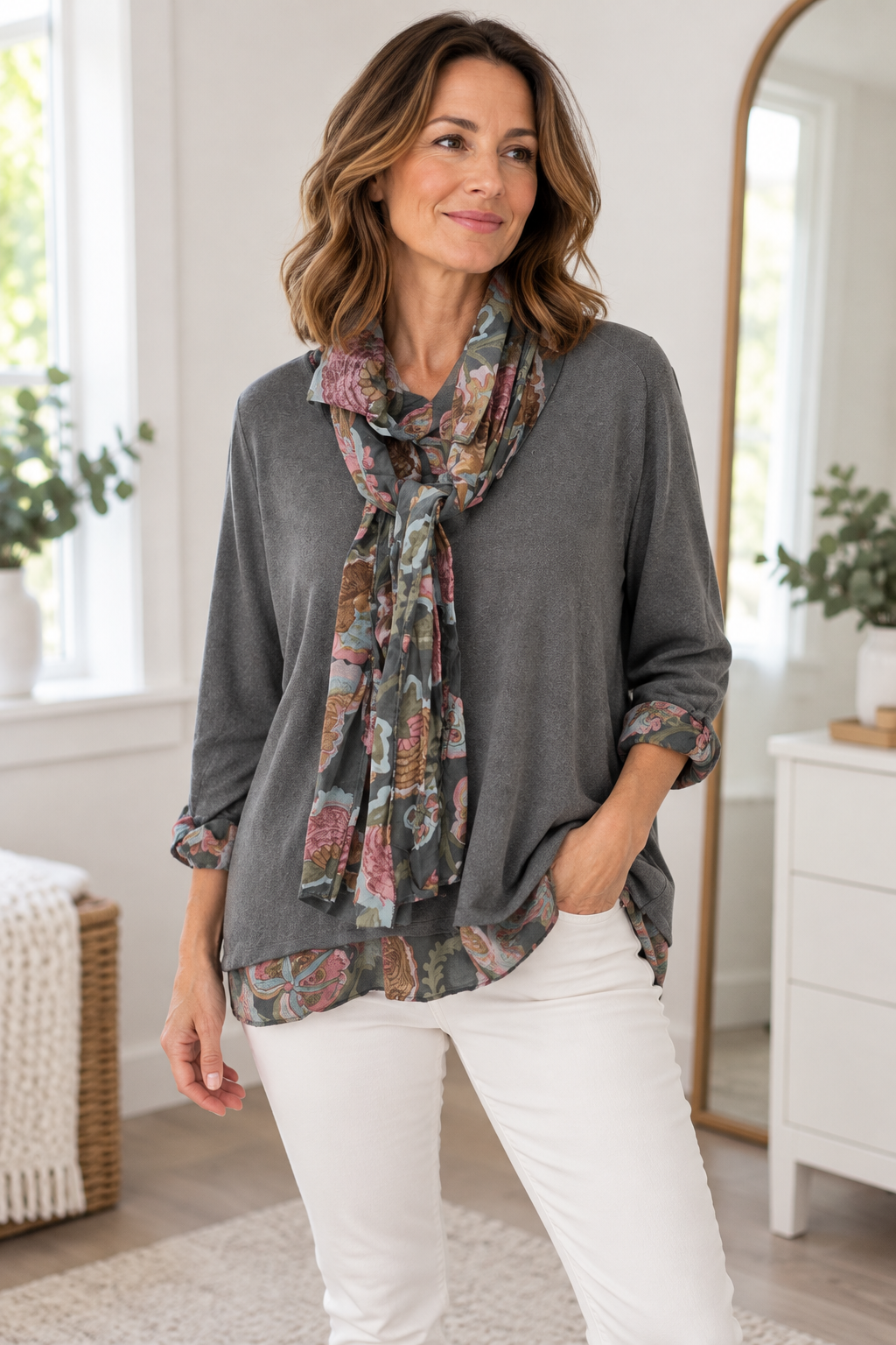Grey Floral Scarf Detail Top view 2