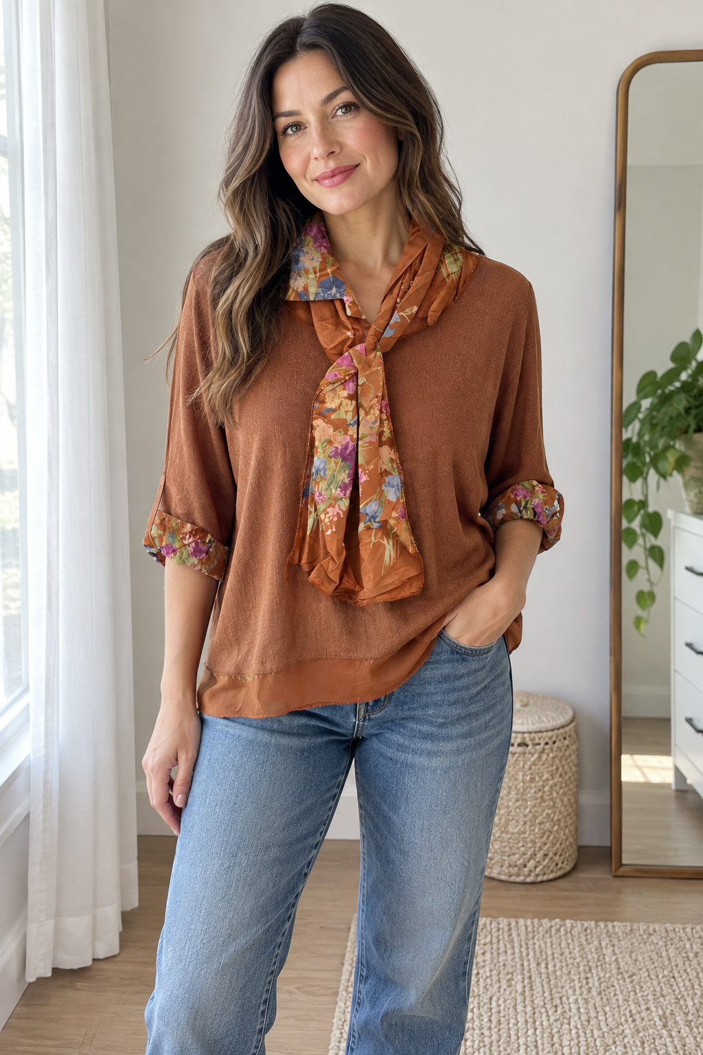 Rust Floral Scarf Detail Top view 3