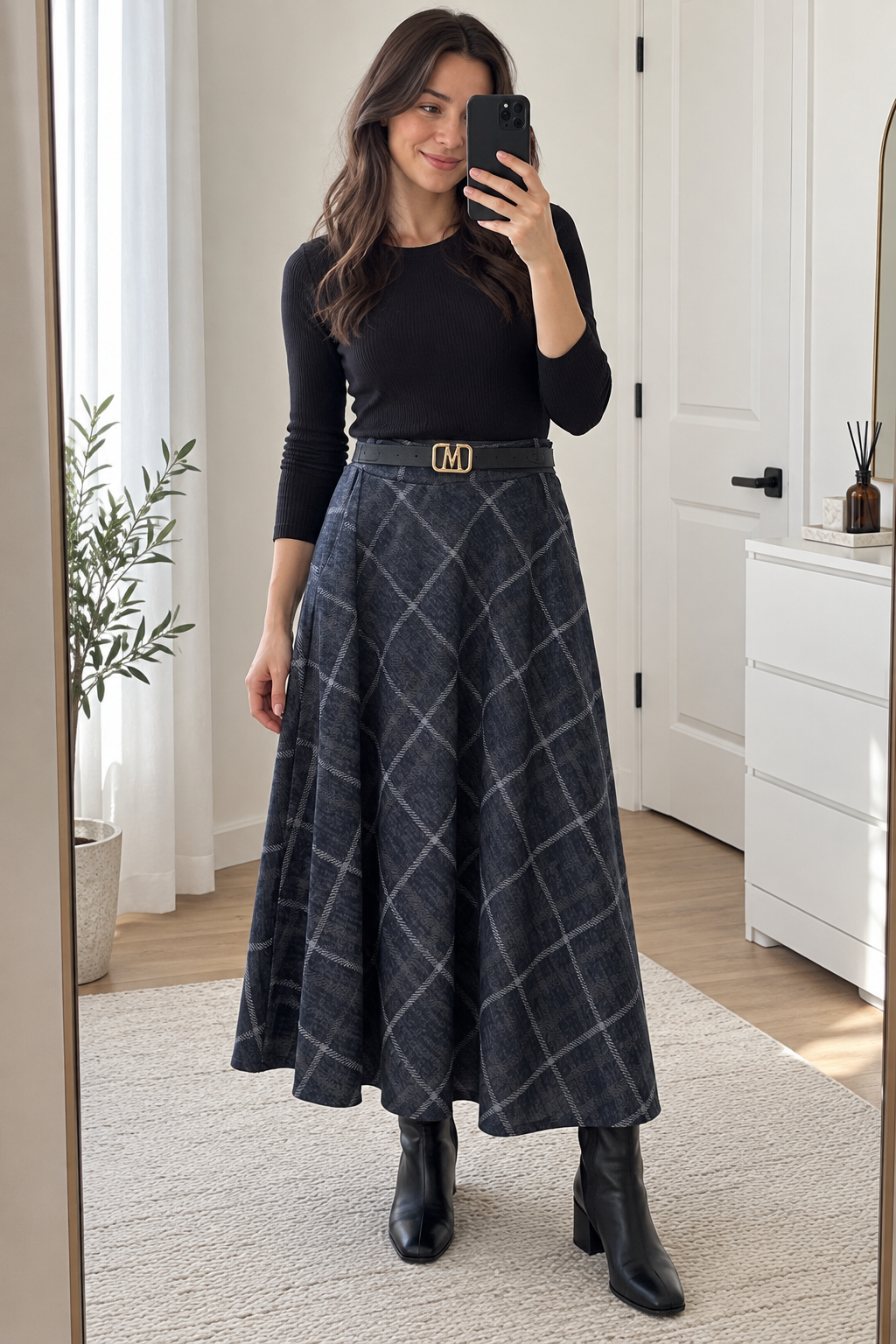Blue-charcoal — review Windowpane Check Skirt view 3