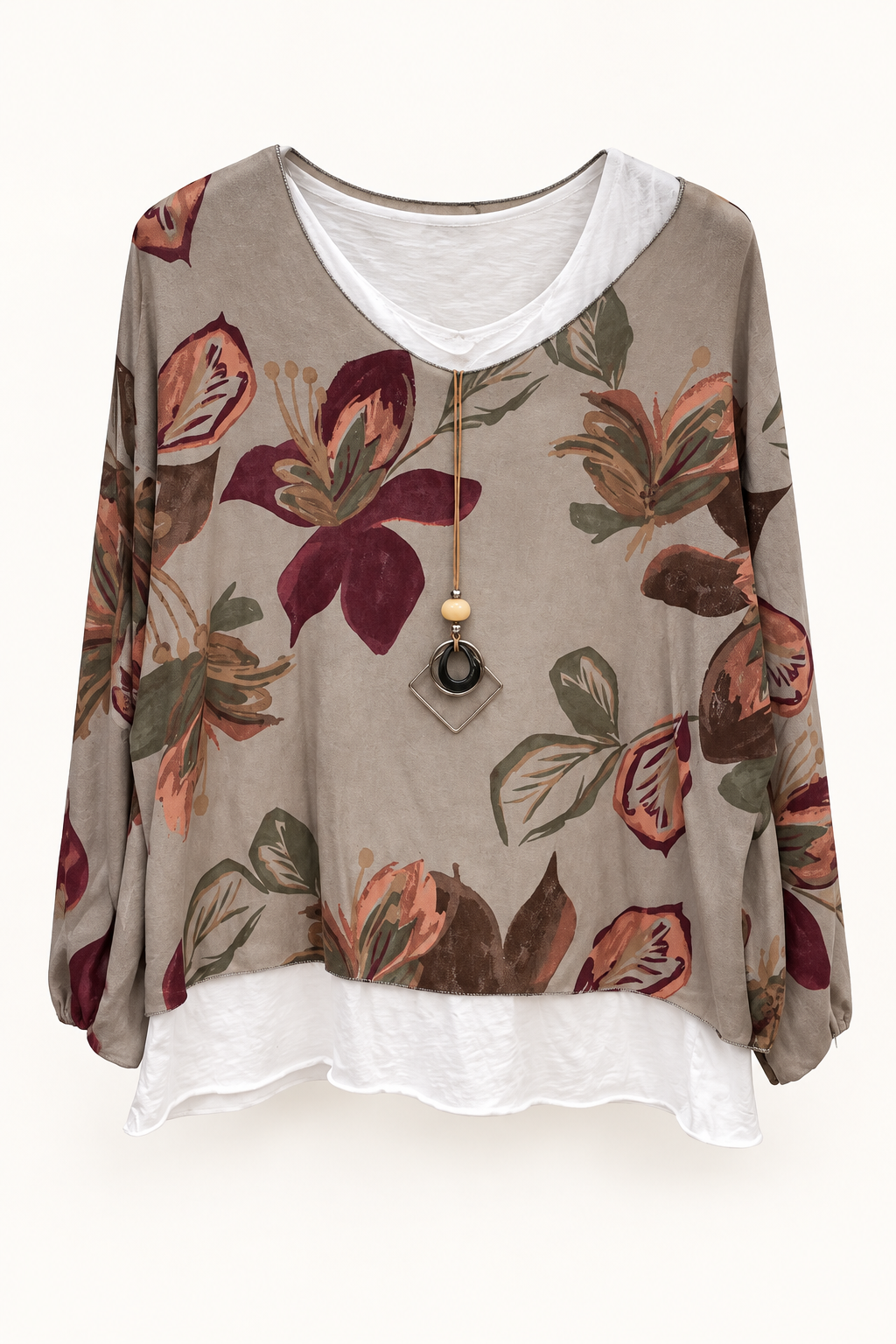 Taupe Botanical Layered Look Top