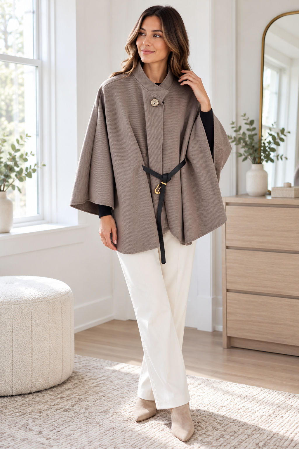 Taupe grey Belted Cape Style Layer view 2