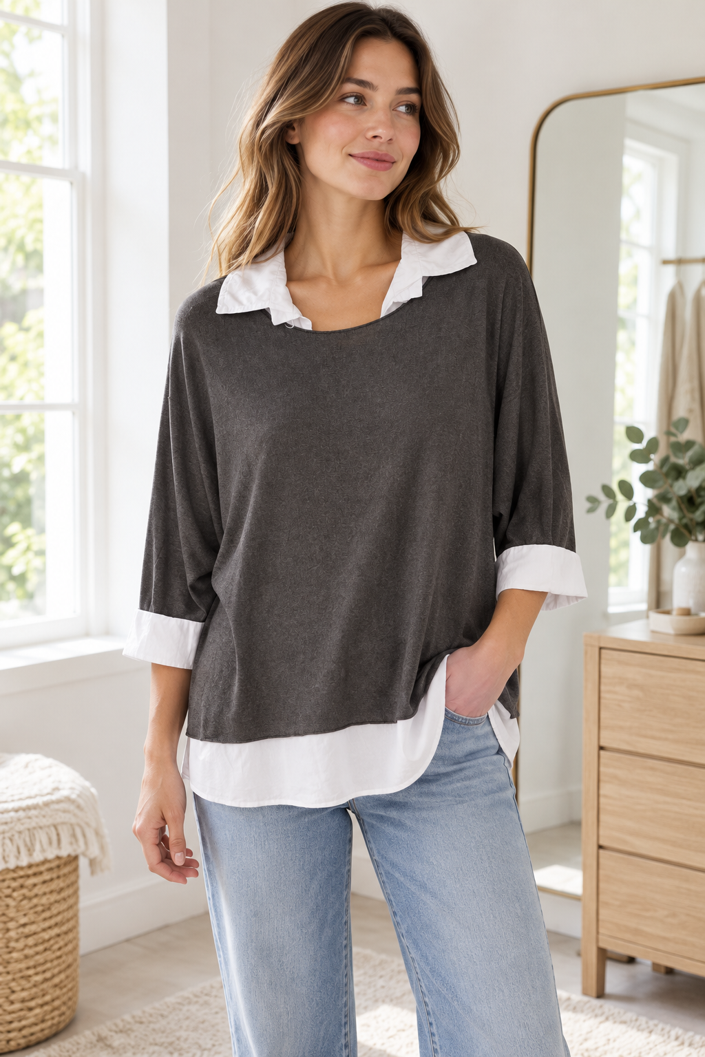 Charcoal Layered Look Collar Top view 2
