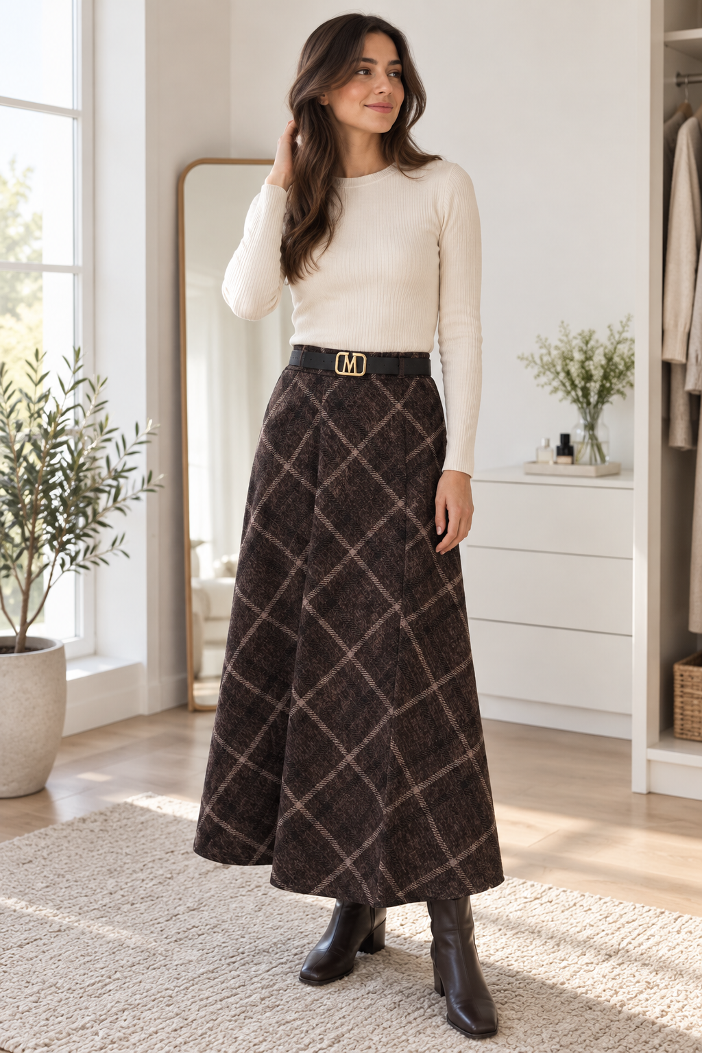 Dark brown Windowpane Check Skirt view 4