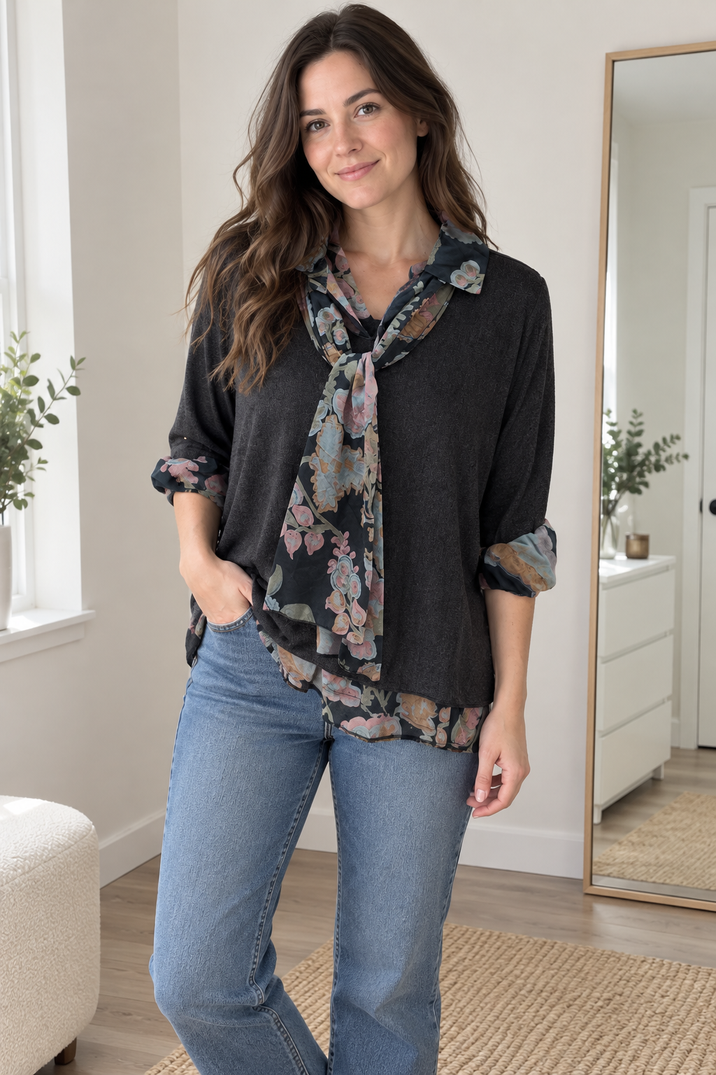 Black Floral Scarf Detail Top view 3