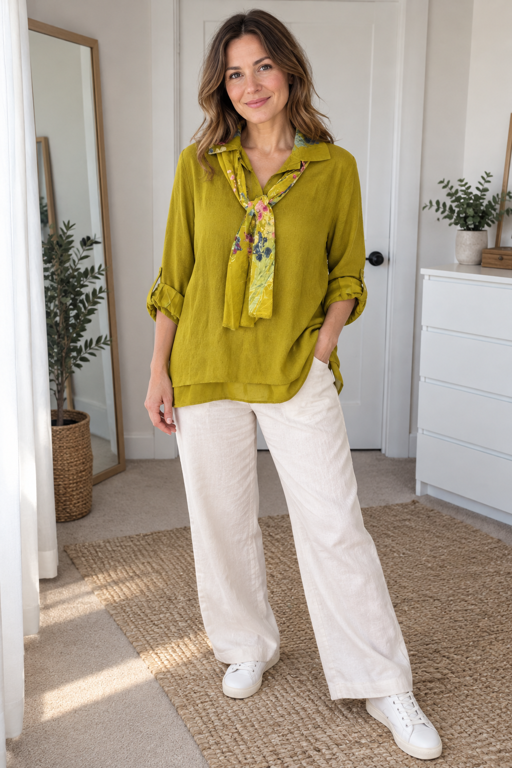 Mustard / chartreuse Floral Scarf Detail Top view 3